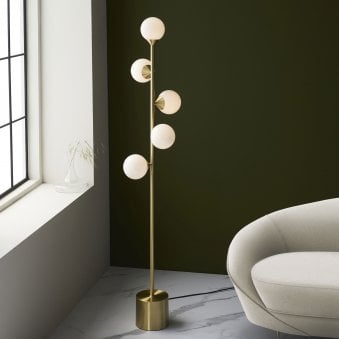 Sturminster Floor Lamp in Brushed Brass with Gloss Opal Glass Shades