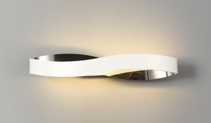 A polished chrome, wall-mounted LED light that replicates the shape of a horizontal number 8.