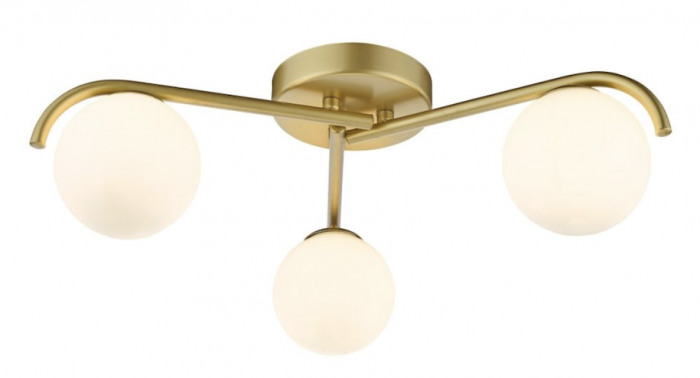 A semi-flush, gold pendant light with three sphere-shaped bulbs facing downwards.