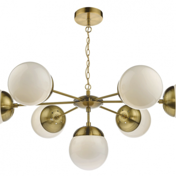 A gold pendant light fixture with seven sphere-shaped bulbs protruding from different angles.