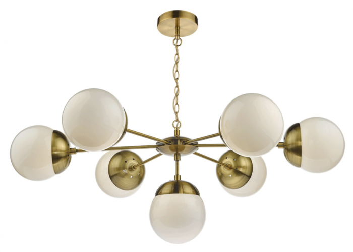 A gold pendant light fixture with seven sphere-shaped bulbs protruding from different angles.