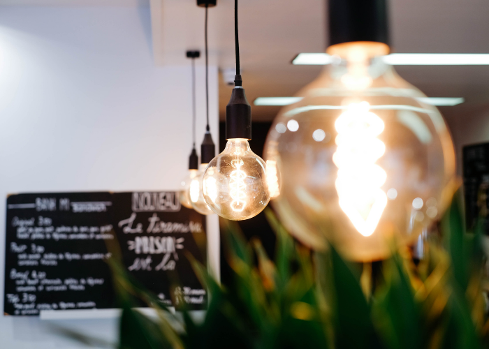Modern artistic open hanging lights in restaurant