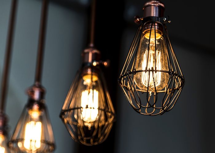 Contemporary, industrial styled open cage hanging lights