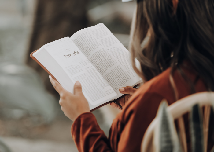 image from over the shoulder of a girl reading a book